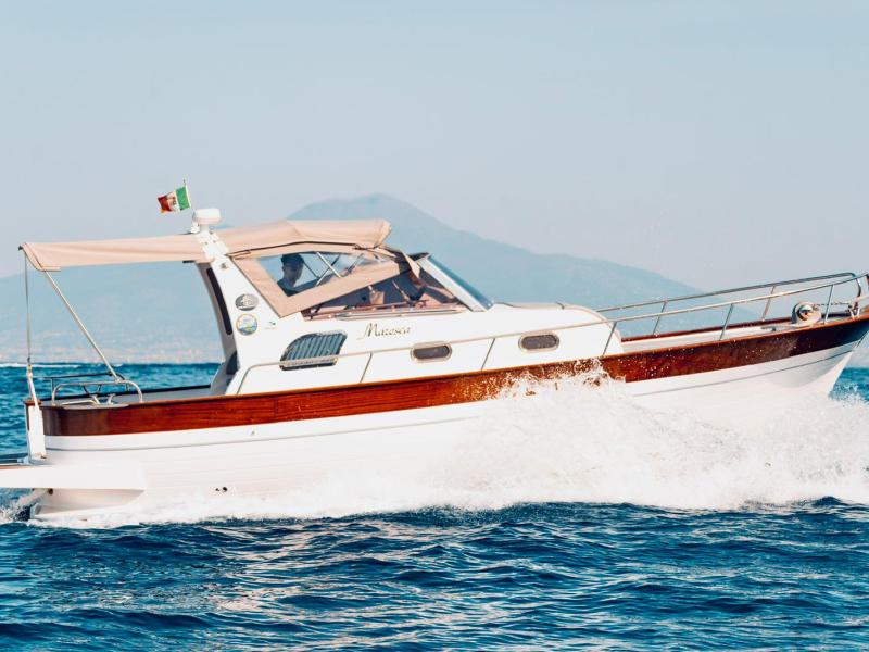 White and brown boat with canopy cruising on blue water against a mountainous backdrop.