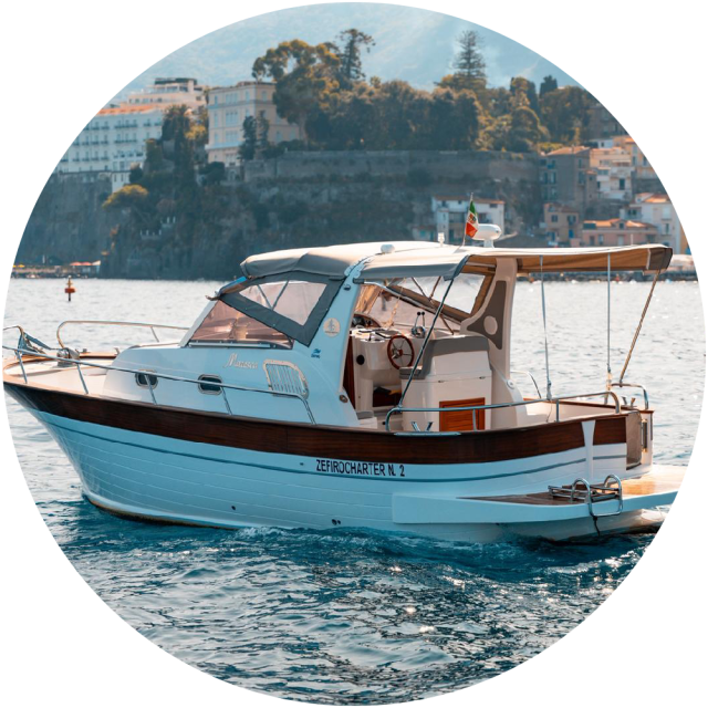 Small motorboat with canopy on water, distant hillside with buildings.