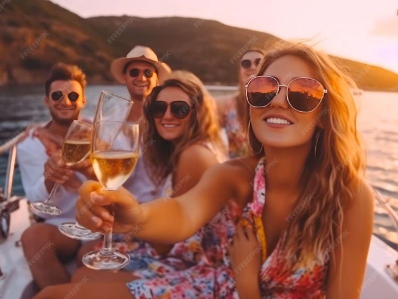 Group of friends on a boat at sunset, holding wine glasses and smiling.